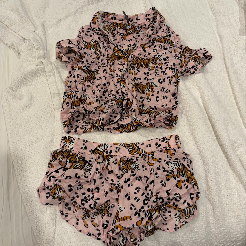 Anthropologie Pink and Tiger-Spot satin pajama set